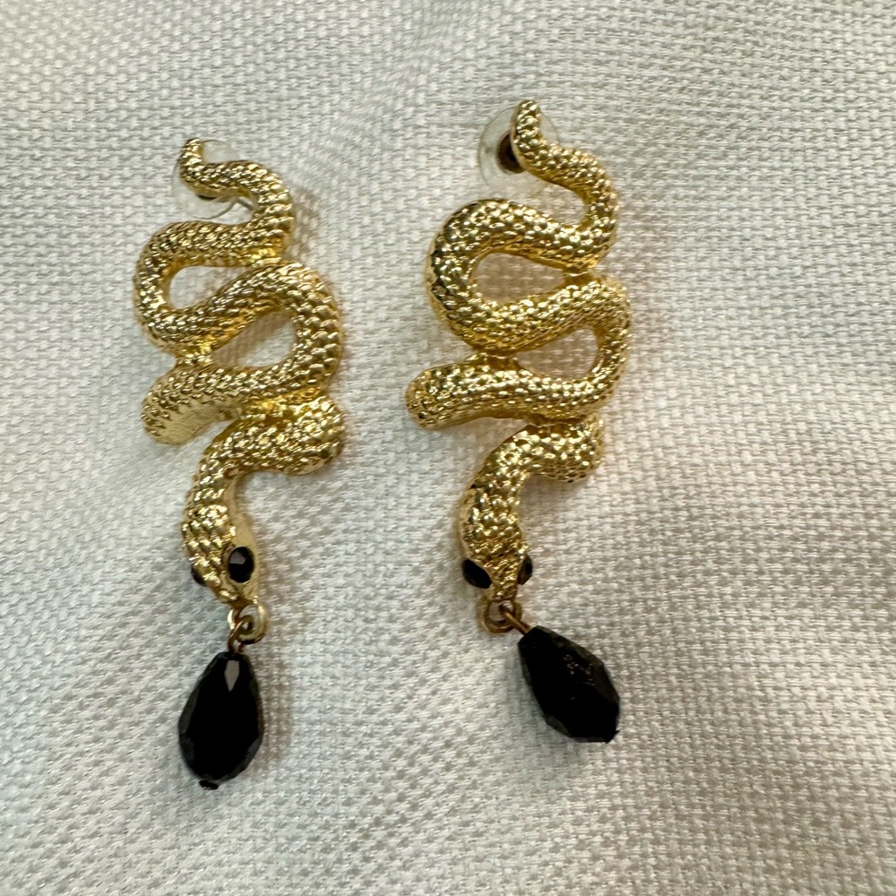 Gold Snake Earrings with Black Accents